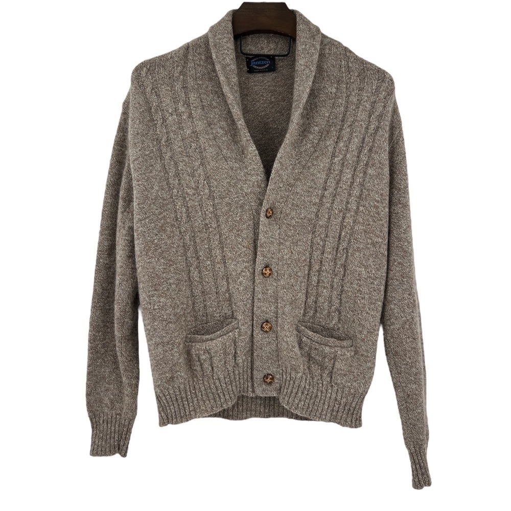 Jantzen Vintage Y2K Wool Grandpa Cable Knit Button Fisherman Gray Shawl Collar L